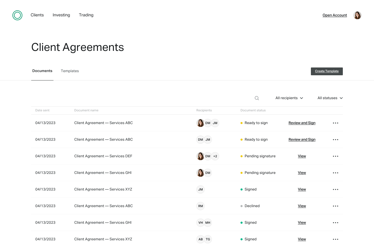 Desktop view of Client Agreements page